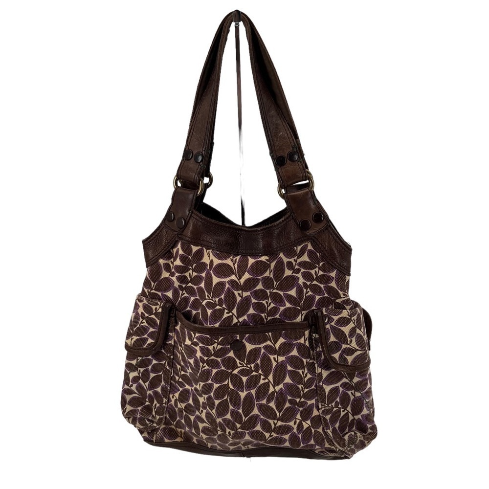 Lucky Brand Brown Purple Floral Leaf Design Shoulder Bag Purse